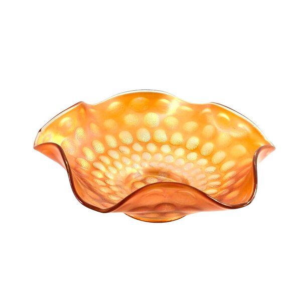 Vintage Ruffled Bowl Iridescent Marigold Carnival Glass with Raised Dot Pattern - Picture 1 of 10